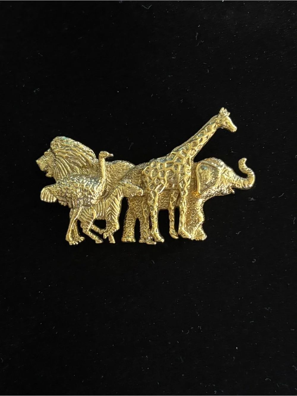 “1928 Cares” Safari Animal Brooch Lion, Ostrich, Zebra, Giraffe, Elephant